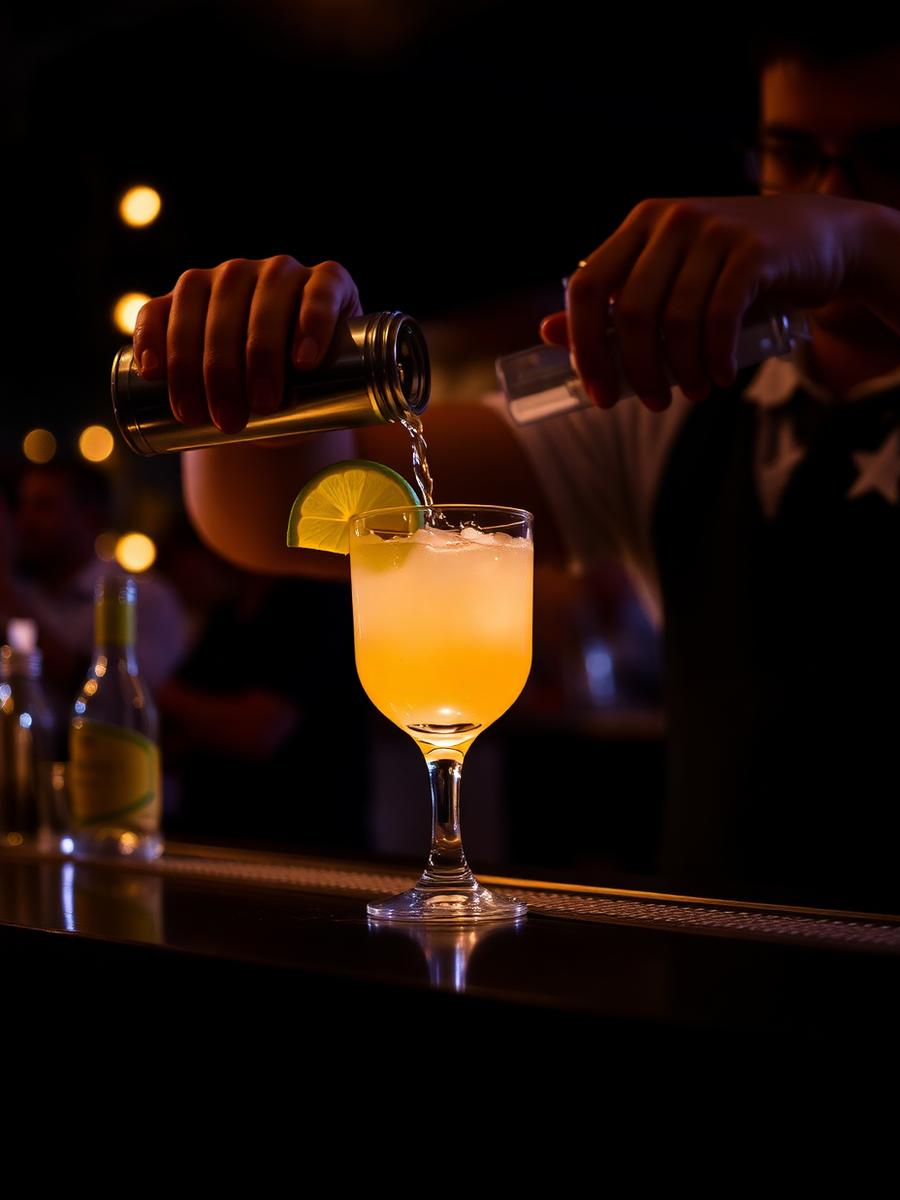 Bartender servindo drink em evento noturno