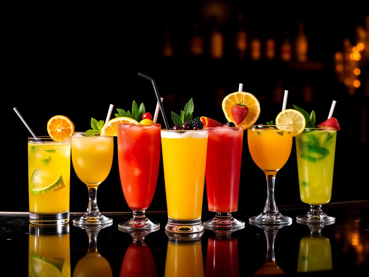 Drinks coloridos com frutas sobre o balcão do bar